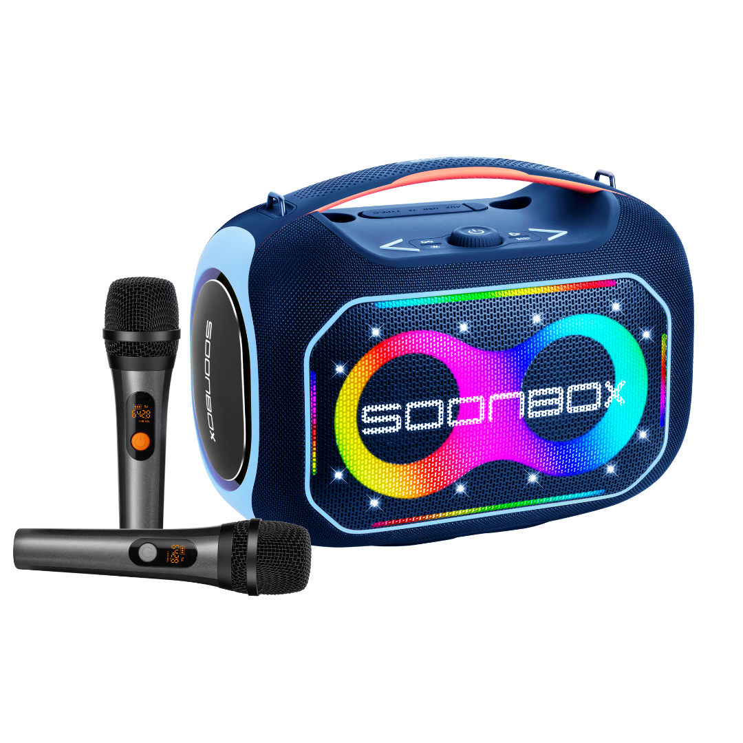 Prijenosni bluetooth karaoke zvučnik sa dva mikrofona FM radio SOONBOX S6300PRO plavi