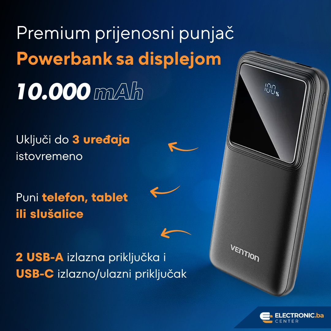 Premium prijenosni punjač powerbank sa displejom VENTION 22.5W 10000mAh crni